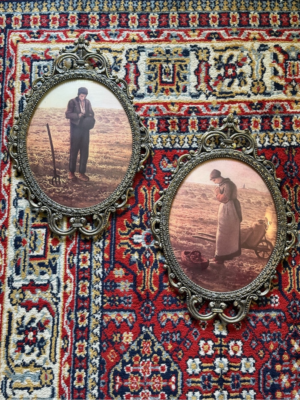Pair Vintage “The Angelus” Jean Francois Millet Farmer/Wife Convex Glass 17X12